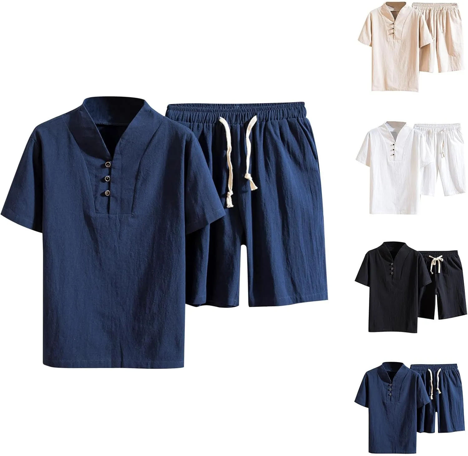 Mens 2 Piece Linen Short Sets, Summer Outfits Short Sleeve Solid Color Shirt and Shorts Set Casual Leisure Beach Outfits