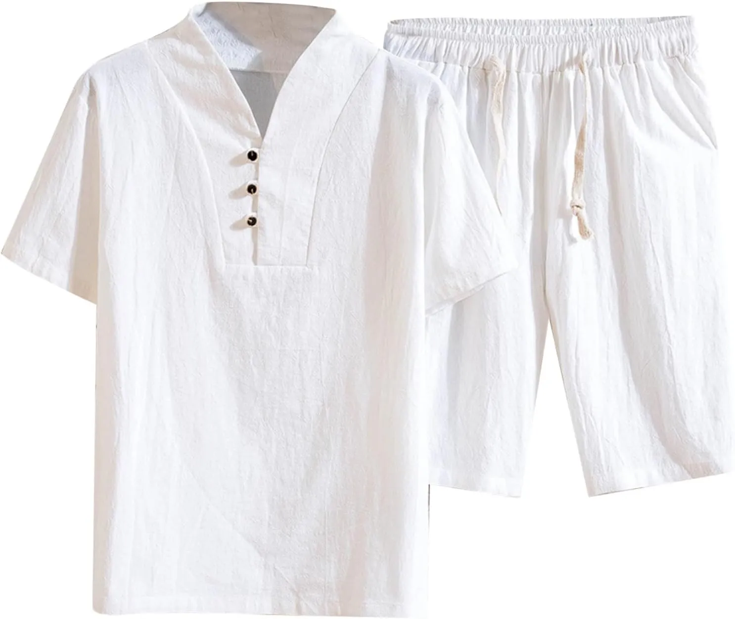 Mens 2 Piece Linen Short Sets, Summer Outfits Short Sleeve Solid Color Shirt and Shorts Set Casual Leisure Beach Outfits