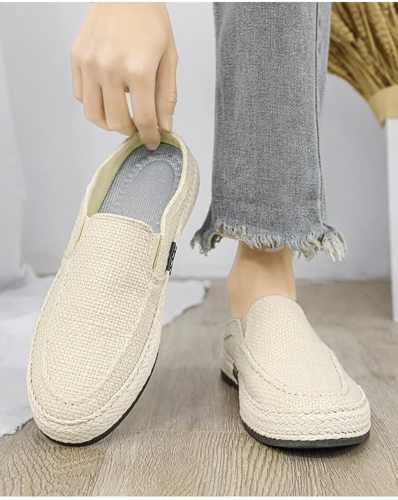 Men's Canvas Linen Flat Mules Comfy Clog Slippers Closed Toe Breathable Slip on Loafers Non-Slip Casual Shoes