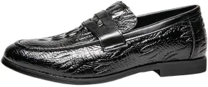 Men's Casual Leather Loafers, Black Driving Shoes with Crocodile Pattern, Slip-On Dress Shoes, New Italian Patent Leather Loafers for Men