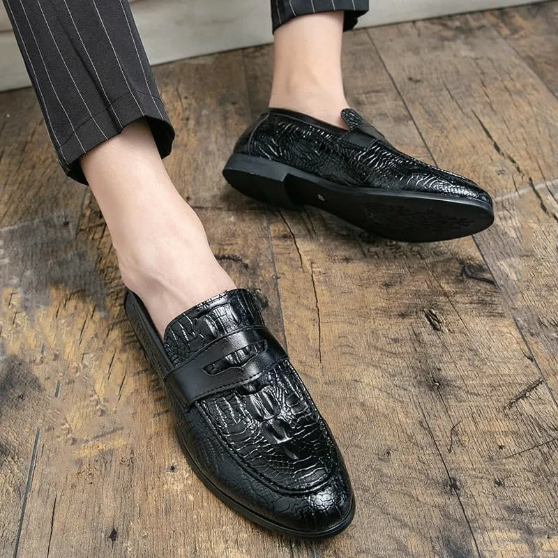 Men's Casual Leather Loafers, Black Driving Shoes with Crocodile Pattern, Slip-On Dress Shoes, New Italian Patent Leather Loafers for Men
