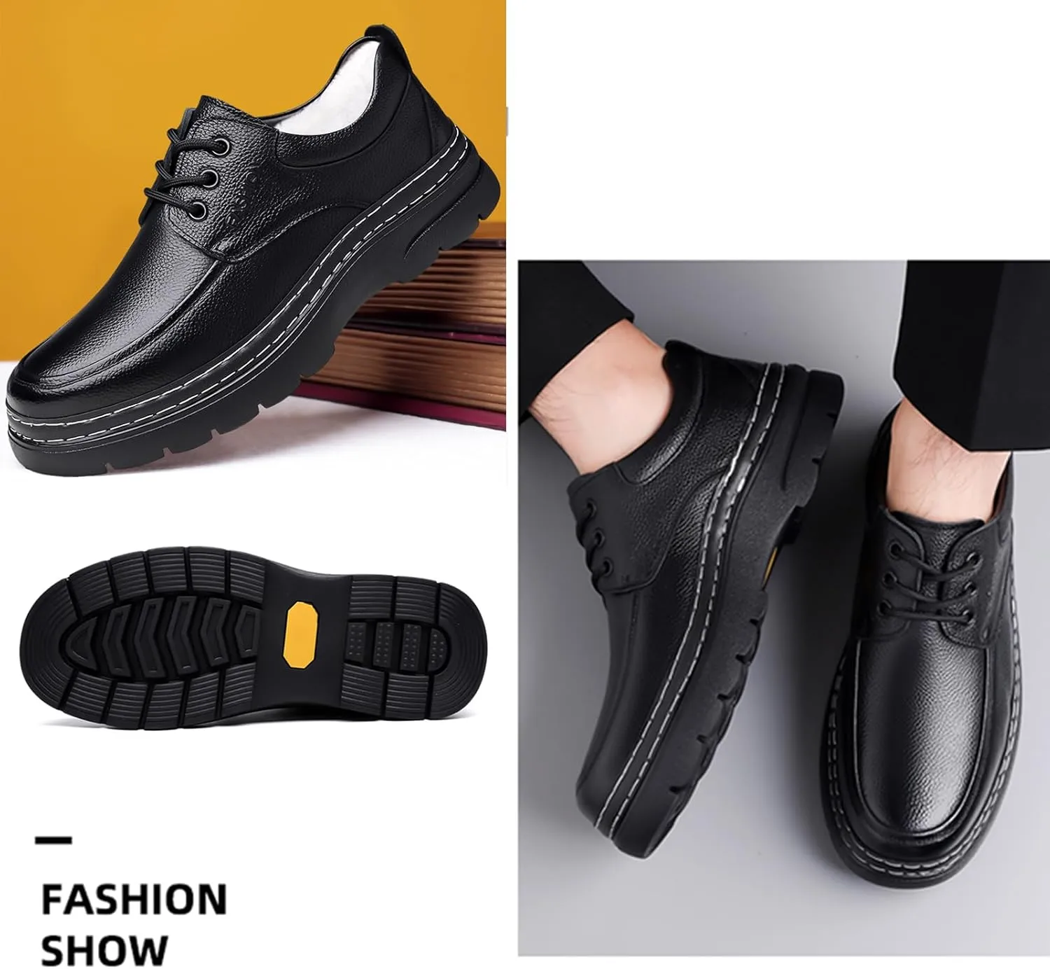 Men's Genuine Leather Platform Chunky Heel Oxfords Comfort Round Toe Lace Up Anti-Slip Lug Sole Business Formal Dress Shoes Classic Handmade Fur Lining Office Work Shoes