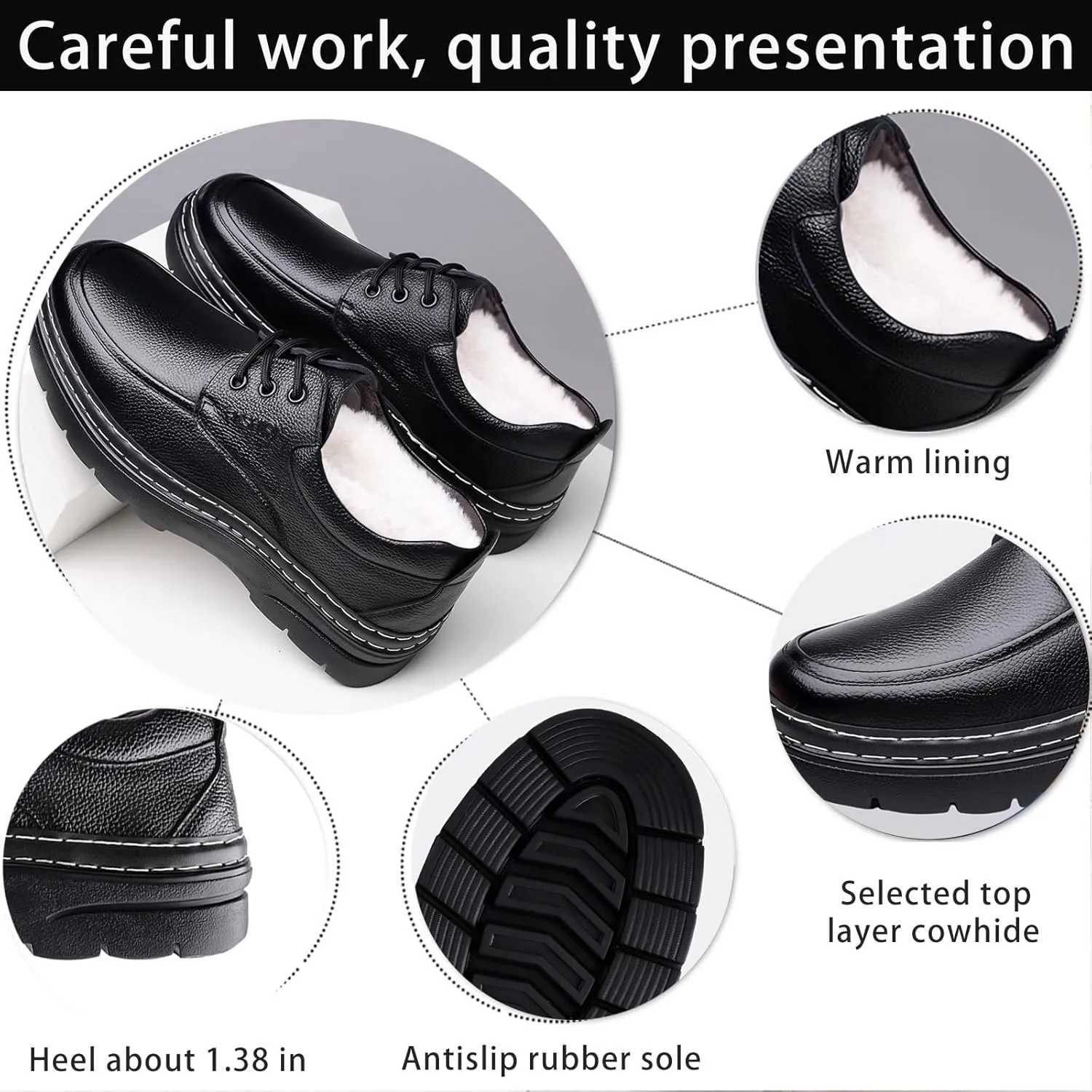Men's Genuine Leather Platform Chunky Heel Oxfords Comfort Round Toe Lace Up Anti-Slip Lug Sole Business Formal Dress Shoes Classic Handmade Fur Lining Office Work Shoes