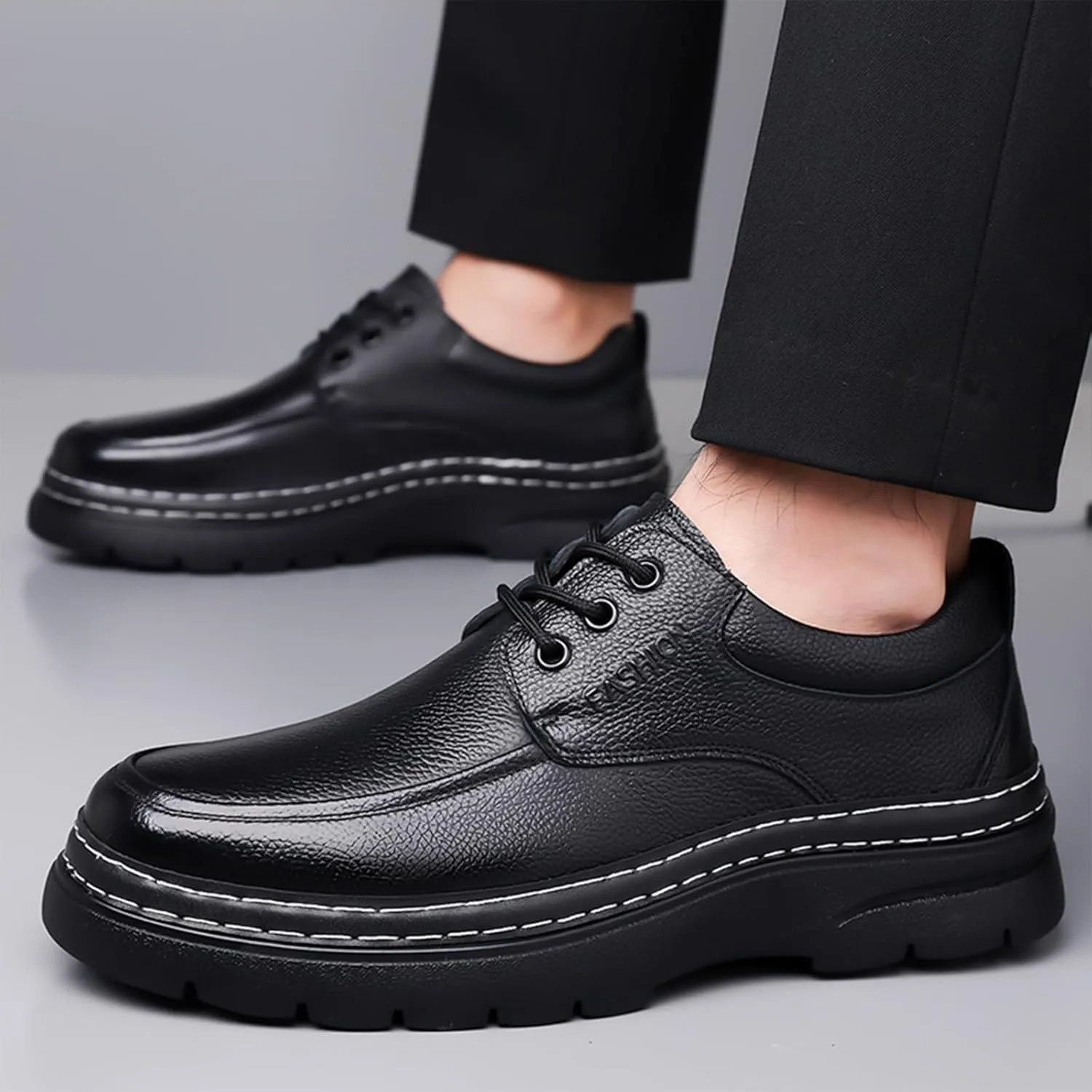 Men's Genuine Leather Platform Chunky Heel Oxfords Comfort Round Toe Lace Up Anti-Slip Lug Sole Business Formal Dress Shoes Classic Handmade Fur Lining Office Work Shoes