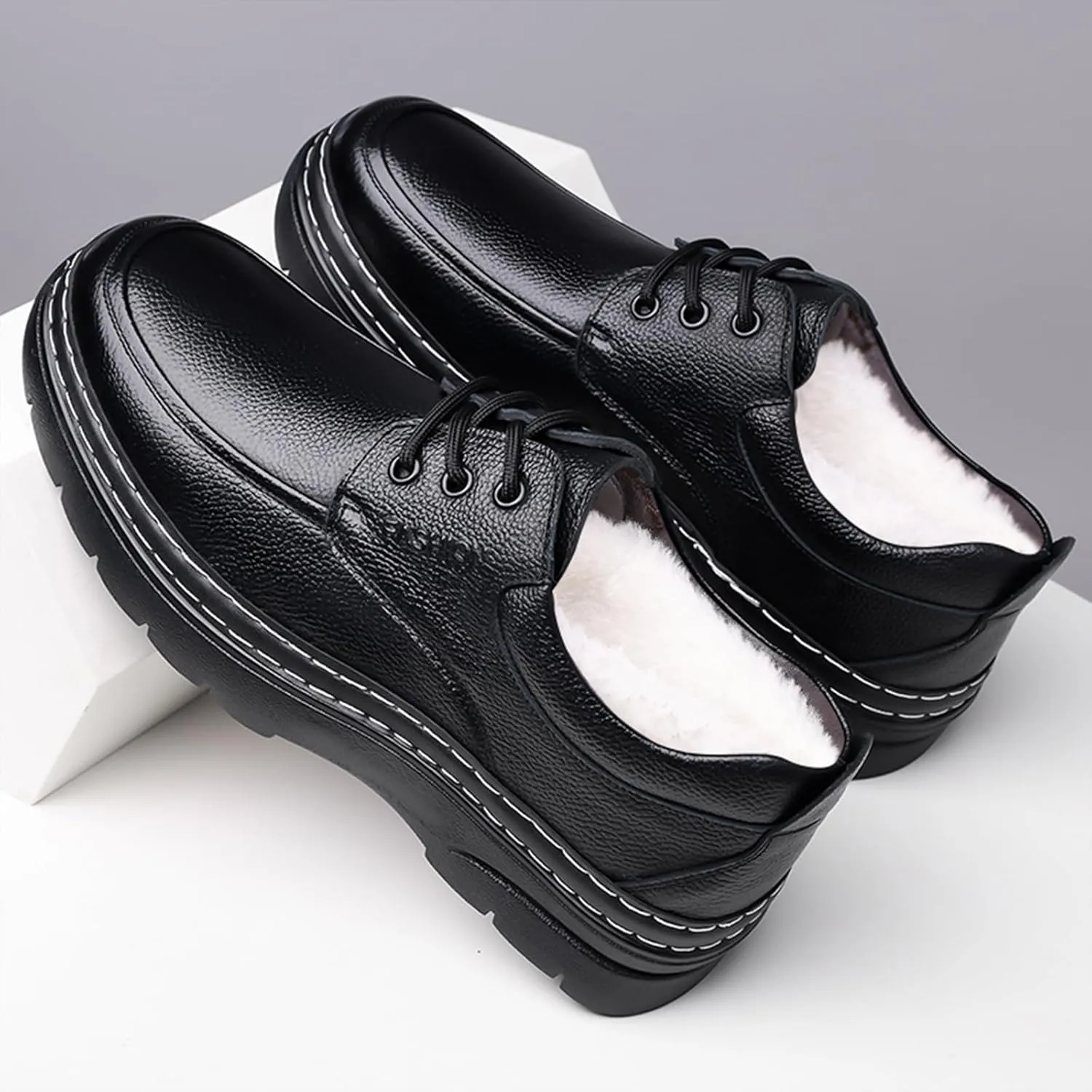 Men's Genuine Leather Platform Chunky Heel Oxfords Comfort Round Toe Lace Up Anti-Slip Lug Sole Business Formal Dress Shoes Classic Handmade Fur Lining Office Work Shoes