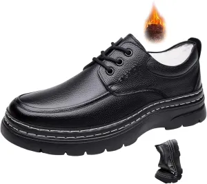 Men's Genuine Leather Platform Chunky Heel Oxfords Comfort Round Toe Lace Up Anti-Slip Lug Sole Business Formal Dress Shoes Classic Handmade Fur Lining Office Work Shoes