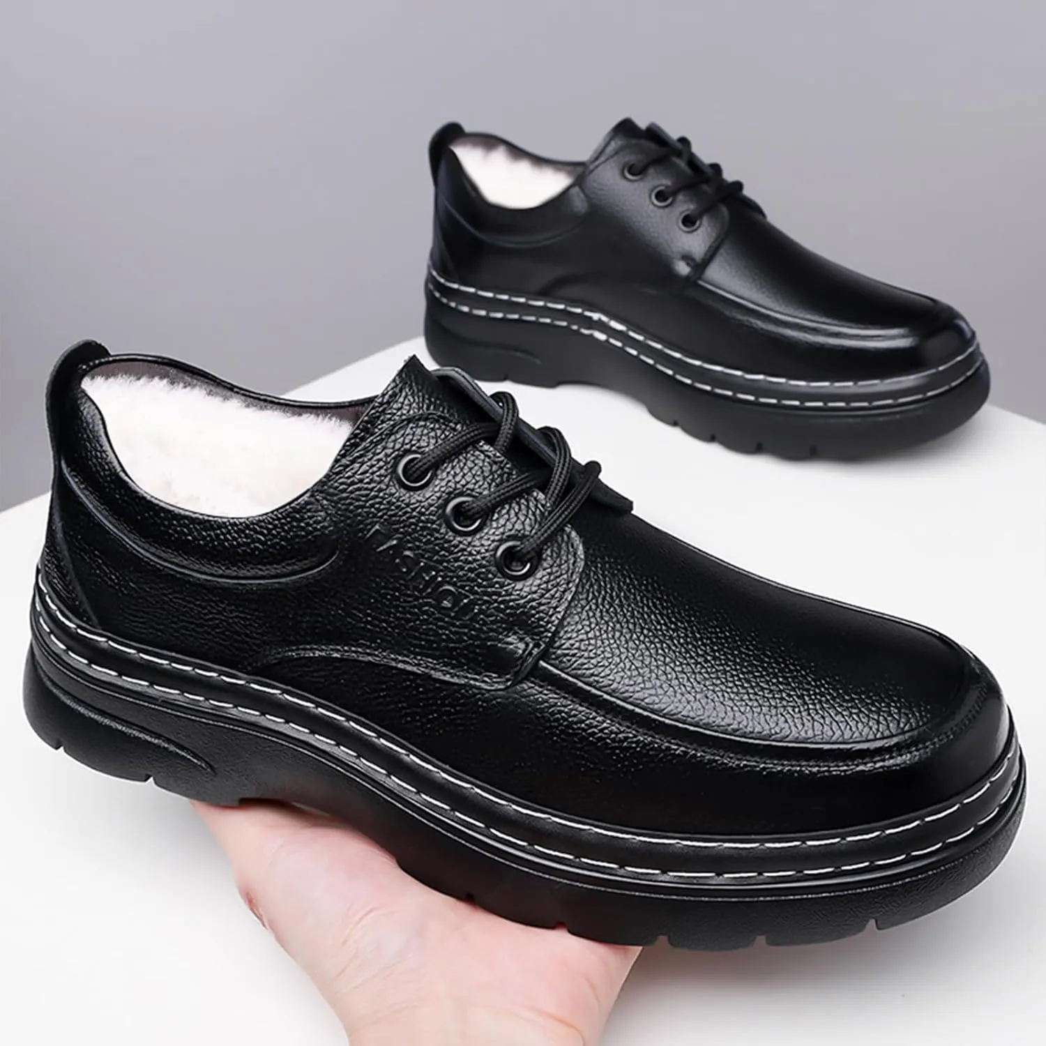 Men's Genuine Leather Platform Chunky Heel Oxfords Comfort Round Toe Lace Up Anti-Slip Lug Sole Business Formal Dress Shoes Classic Handmade Fur Lining Office Work Shoes