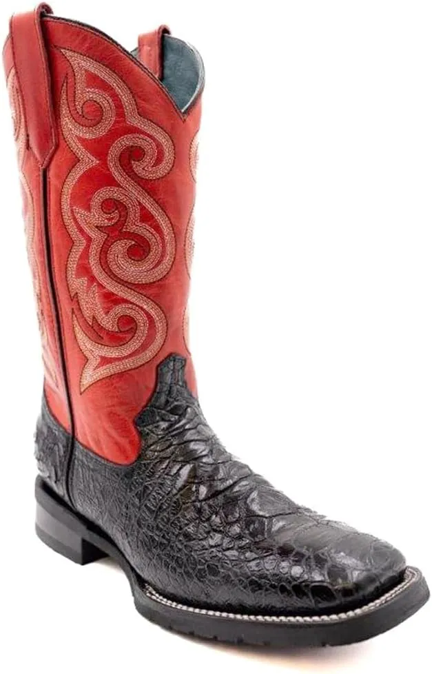 Mens Kai Embroidered Square Toe Casual Boots Mid Calf - Black, Red