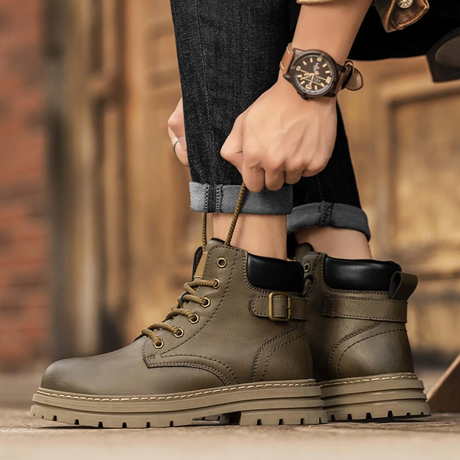 Mens Premium Leather Round Toe Casual Boots,Fashion Casual Outdoor Boots,Flat Sports Boots,Work Style Casual Boots，(Leather lining/Fluff lining)