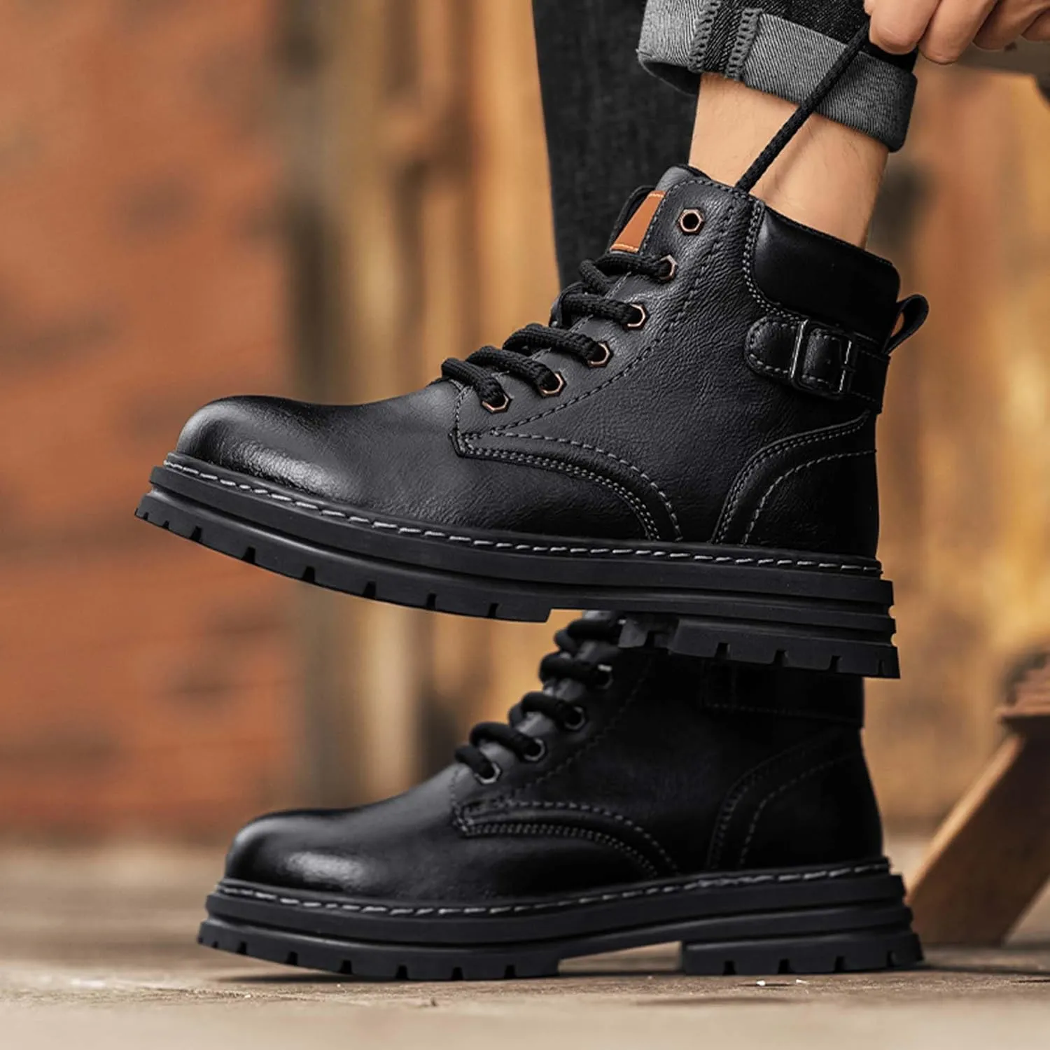 Mens Premium Leather Round Toe Casual Boots,Fashion Casual Outdoor Boots,Flat Sports Boots,Work Style Casual Boots，(Leather lining/Fluff lining)