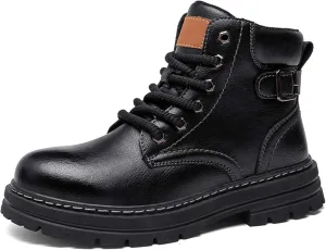 Mens Premium Leather Round Toe Casual Boots,Fashion Casual Outdoor Boots,Flat Sports Boots,Work Style Casual Boots，(Leather lining/Fluff lining)