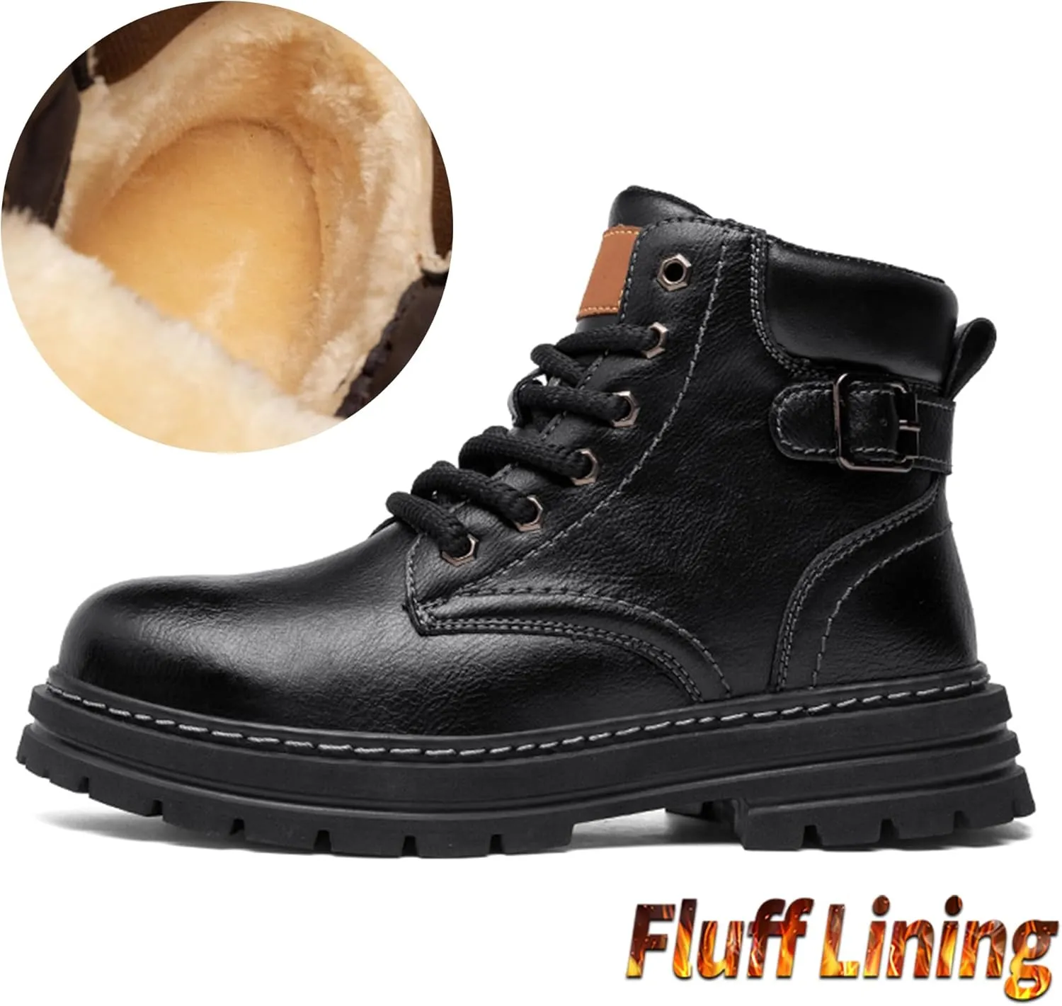 Mens Premium Leather Round Toe Casual Boots,Fashion Casual Outdoor Boots,Flat Sports Boots,Work Style Casual Boots，(Leather lining/Fluff lining)