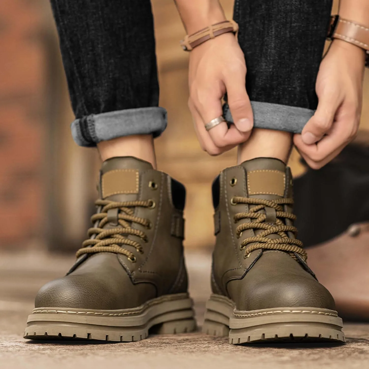Mens Premium Leather Round Toe Casual Boots,Fashion Casual Outdoor Boots,Flat Sports Boots,Work Style Casual Boots，(Leather lining/Fluff lining)
