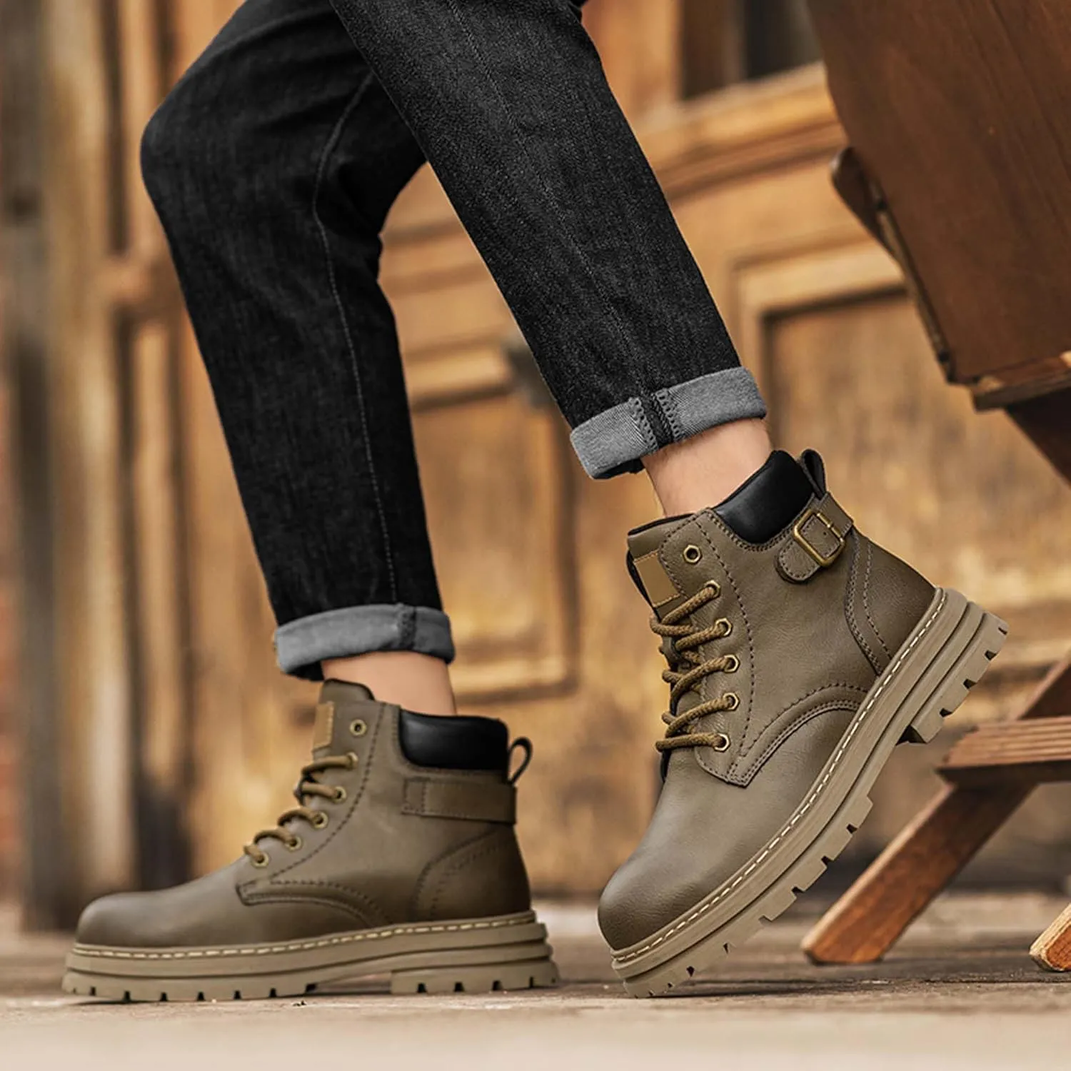 Mens Premium Leather Round Toe Casual Boots,Fashion Casual Outdoor Boots,Flat Sports Boots,Work Style Casual Boots，(Leather lining/Fluff lining)
