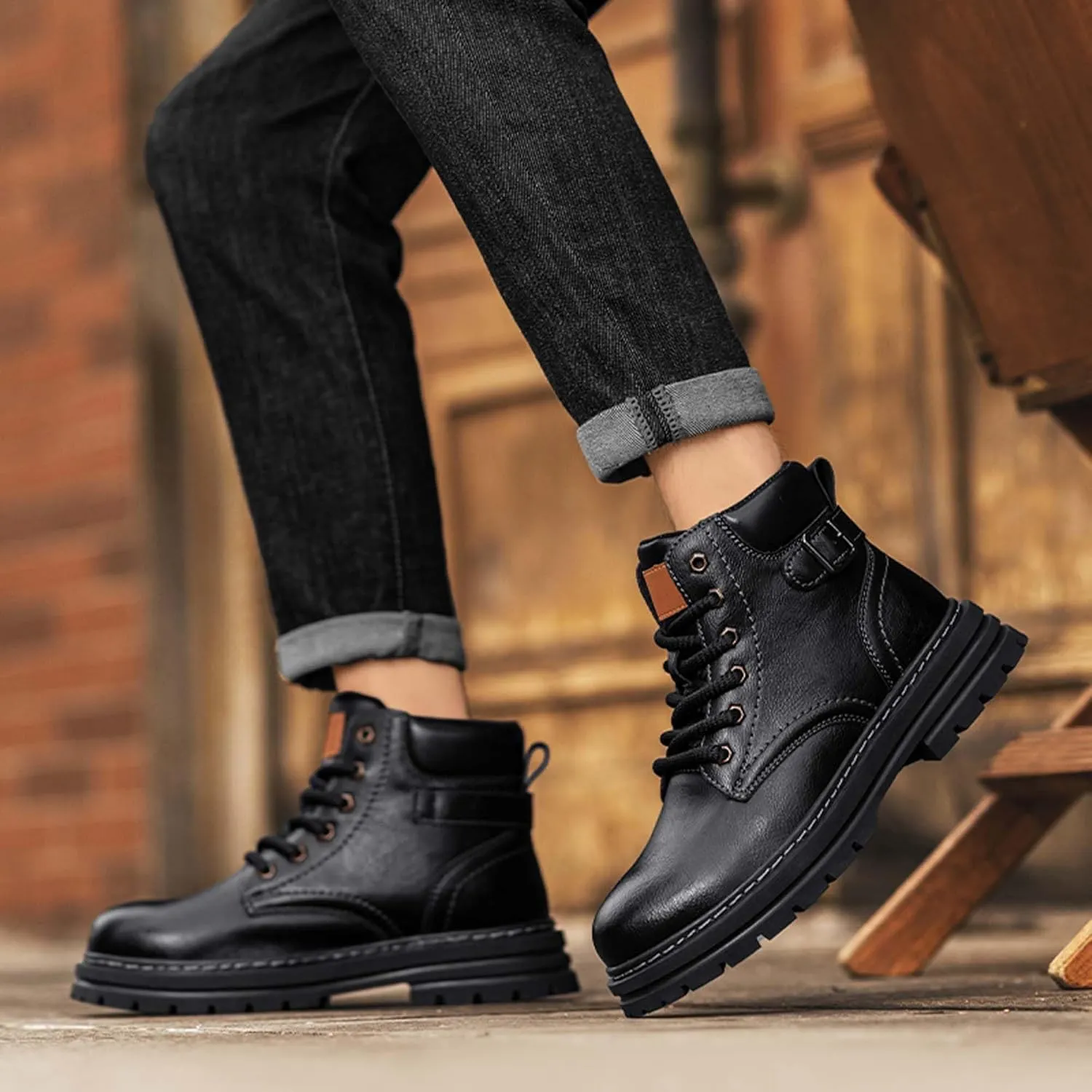 Mens Premium Leather Round Toe Casual Boots,Fashion Casual Outdoor Boots,Flat Sports Boots,Work Style Casual Boots，(Leather lining/Fluff lining)