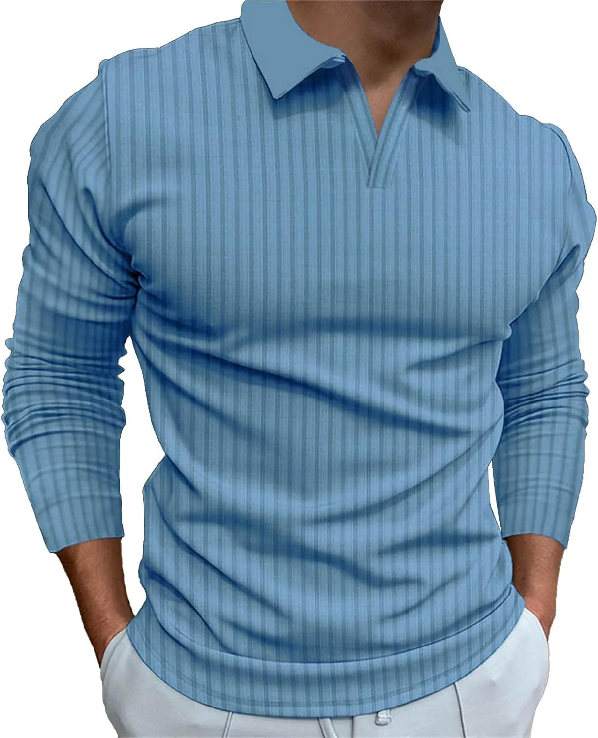 Men's Ribbed Polo Shirt Slim Fit Long Sleeve Muscle Shirt Fitted Cotton Pullover Sweater Casual Stretchy Undershirts