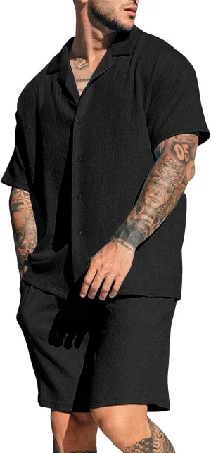 Mens Summer Casual Short Sets Solid Color Short Sleeve Pocket Button Down Shirt Elastic Shorts 2 Piece Outfits Tracksuit