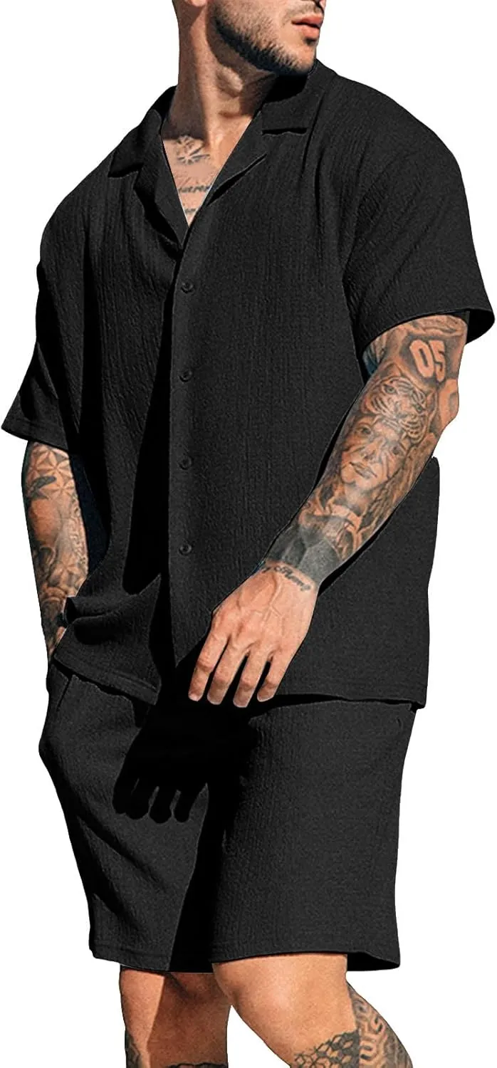 Mens Summer Casual Short Sets Solid Color Short Sleeve Pocket Button Down Shirt Elastic Shorts 2 Piece Outfits Tracksuit