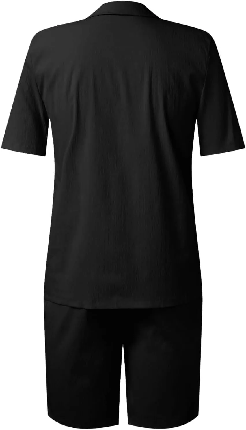 Mens Summer Casual Short Sets Solid Color Short Sleeve Pocket Button Down Shirt Elastic Shorts 2 Piece Outfits Tracksuit