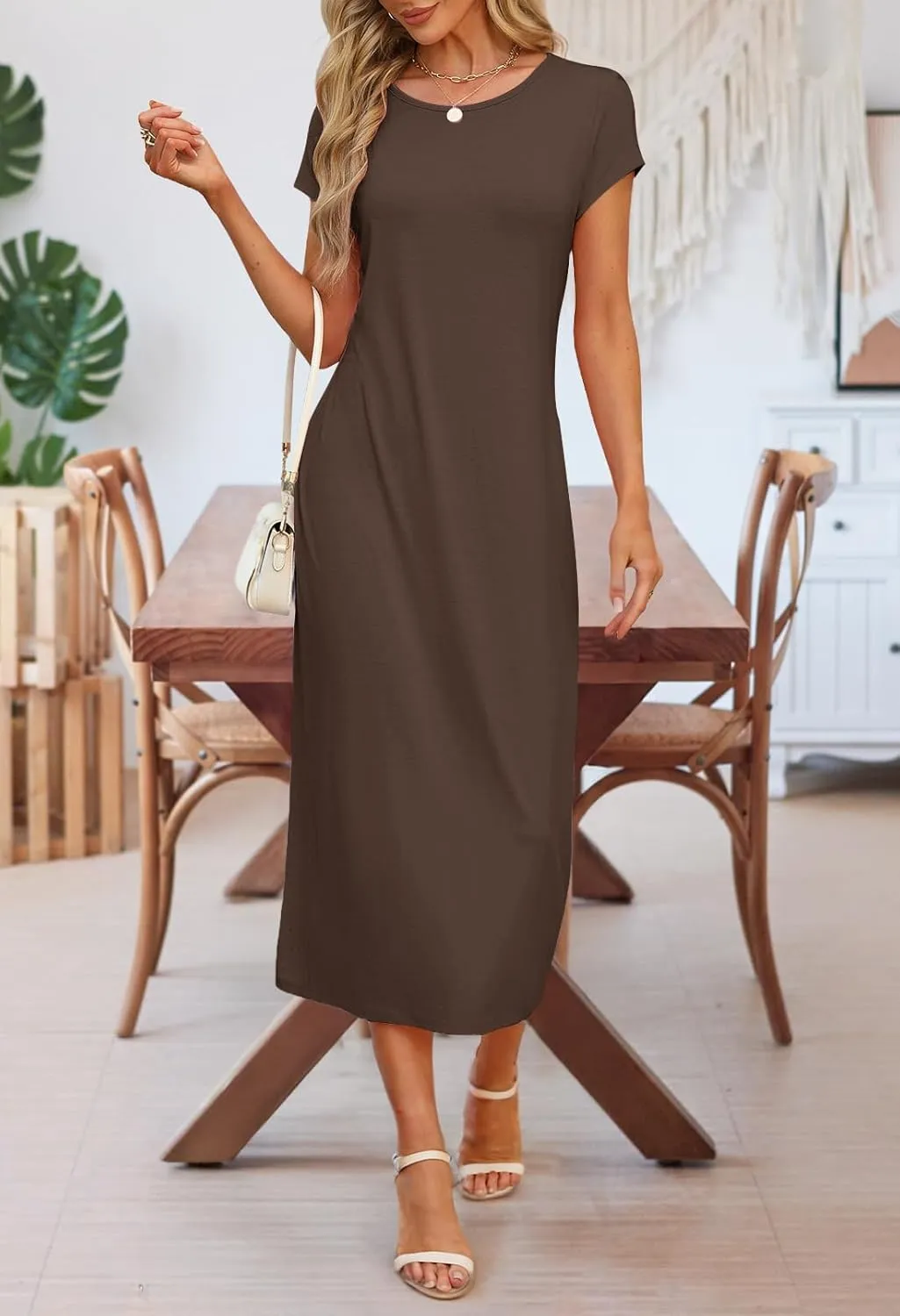 MEROKEETY Women's 2025 Summer Short Sleeve Tshirt Dress Casual Crew Neck Beach Long Maxi Dresses