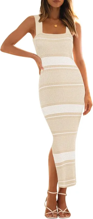 MEROKEETY Women's 2025 Summer Spring Bodycon Midi Dress Vacation Sleeveless Ribbed Knit Striped Party Sweater Dresses