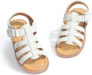 Miamooi Toddler Girls Summer Sandals Little Kid Open Toe Princess Dress Flats Sandals PU Leather Rubber Sole Wedding School Shoes