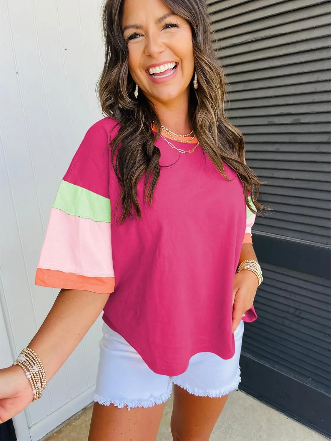 miduo Womens Casual Loose Fit Color Block Stitching Short Sleeve Crew Neck Top T Shirts