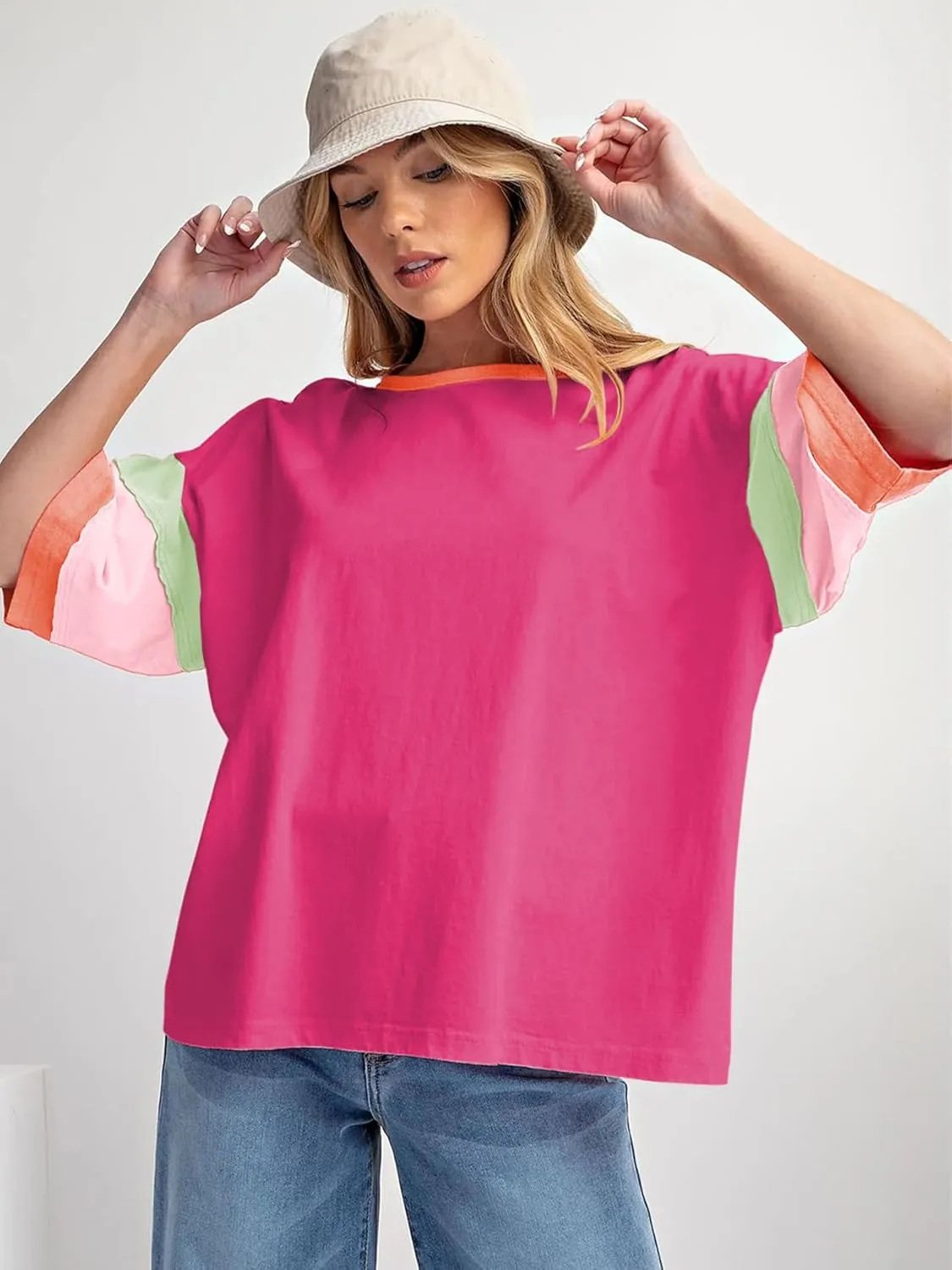 miduo Womens Casual Loose Fit Color Block Stitching Short Sleeve Crew Neck Top T Shirts