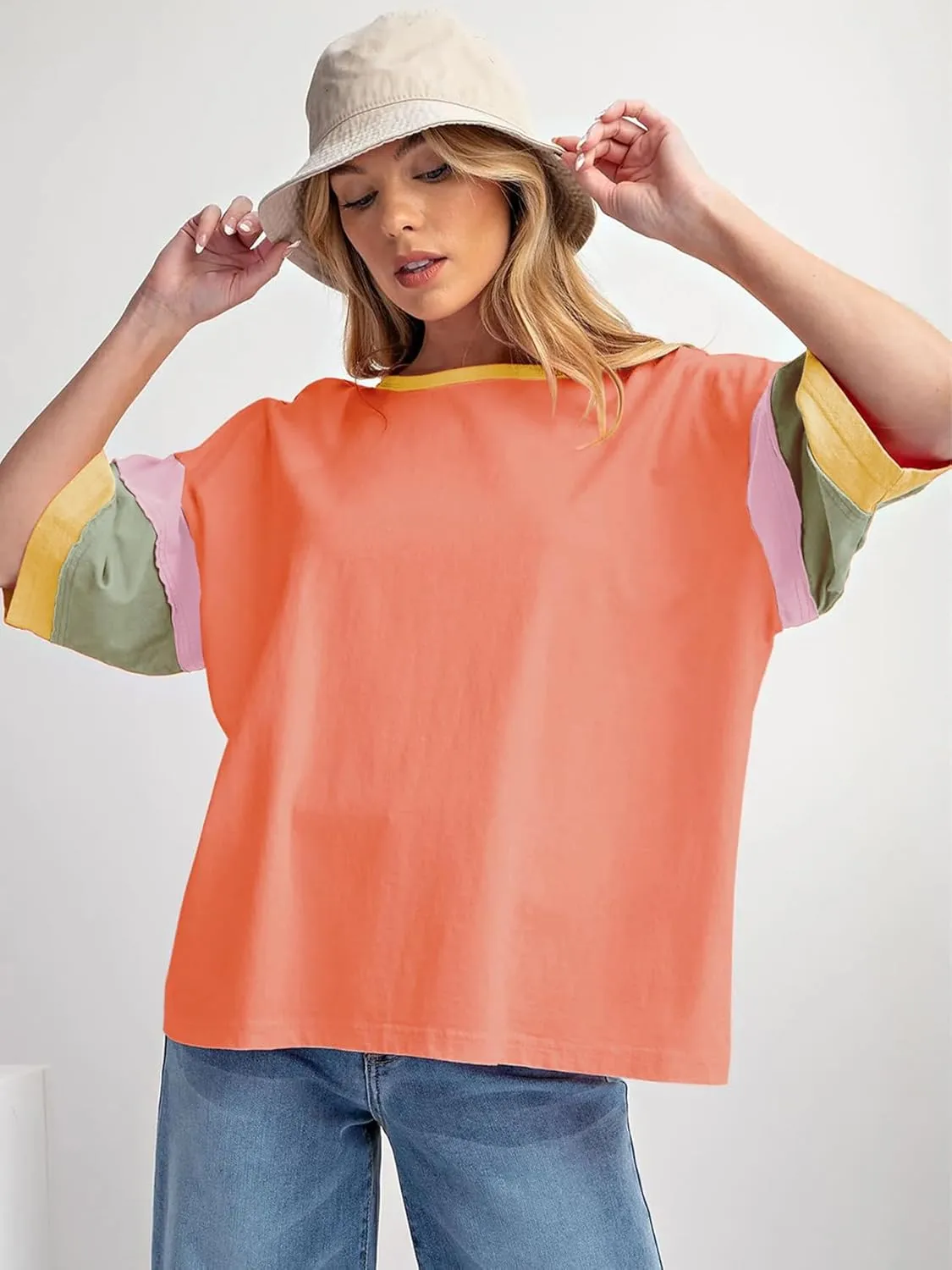 miduo Womens Casual Loose Fit Color Block Stitching Short Sleeve Crew Neck Top T Shirts