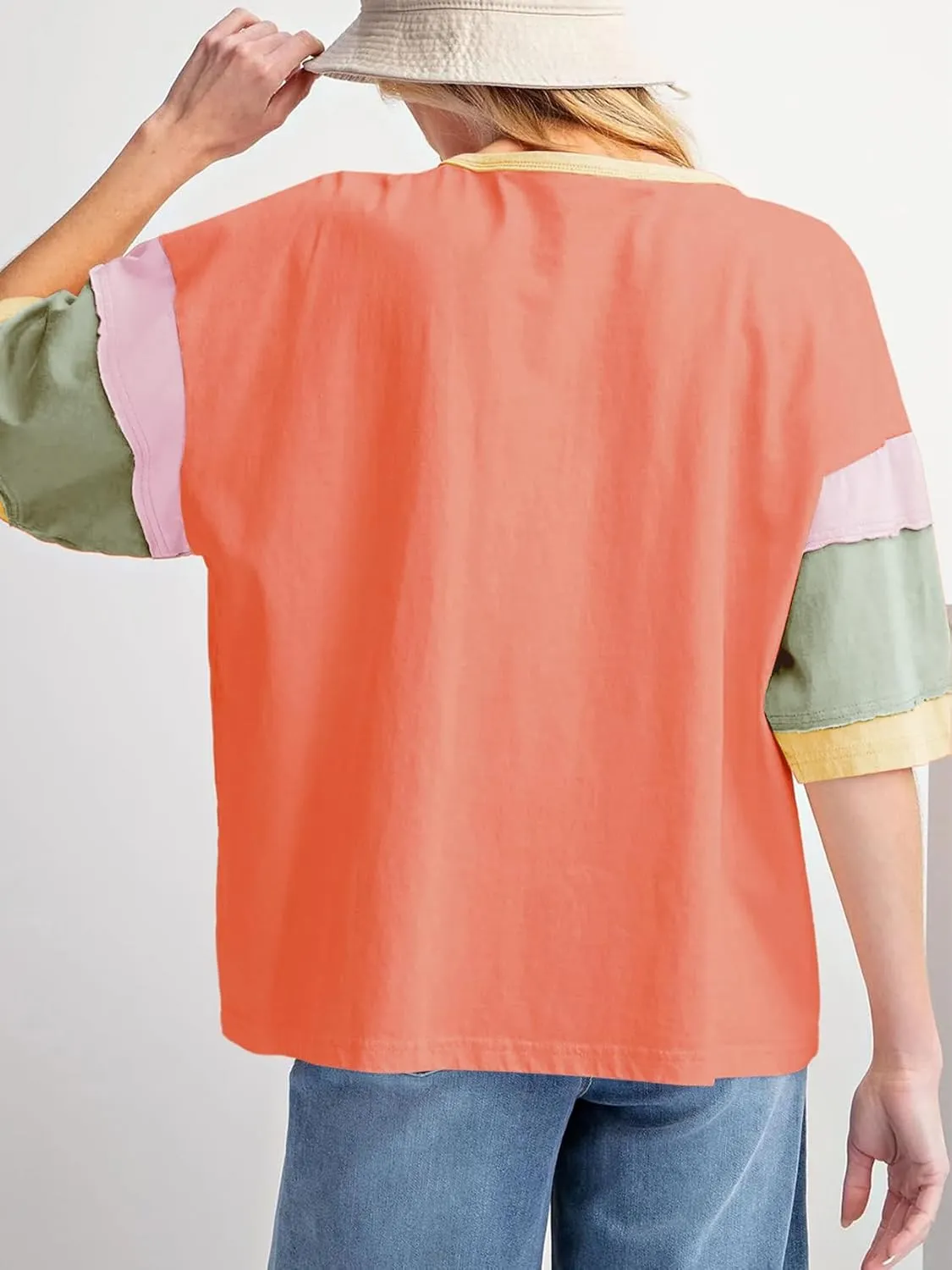 miduo Womens Casual Loose Fit Color Block Stitching Short Sleeve Crew Neck Top T Shirts