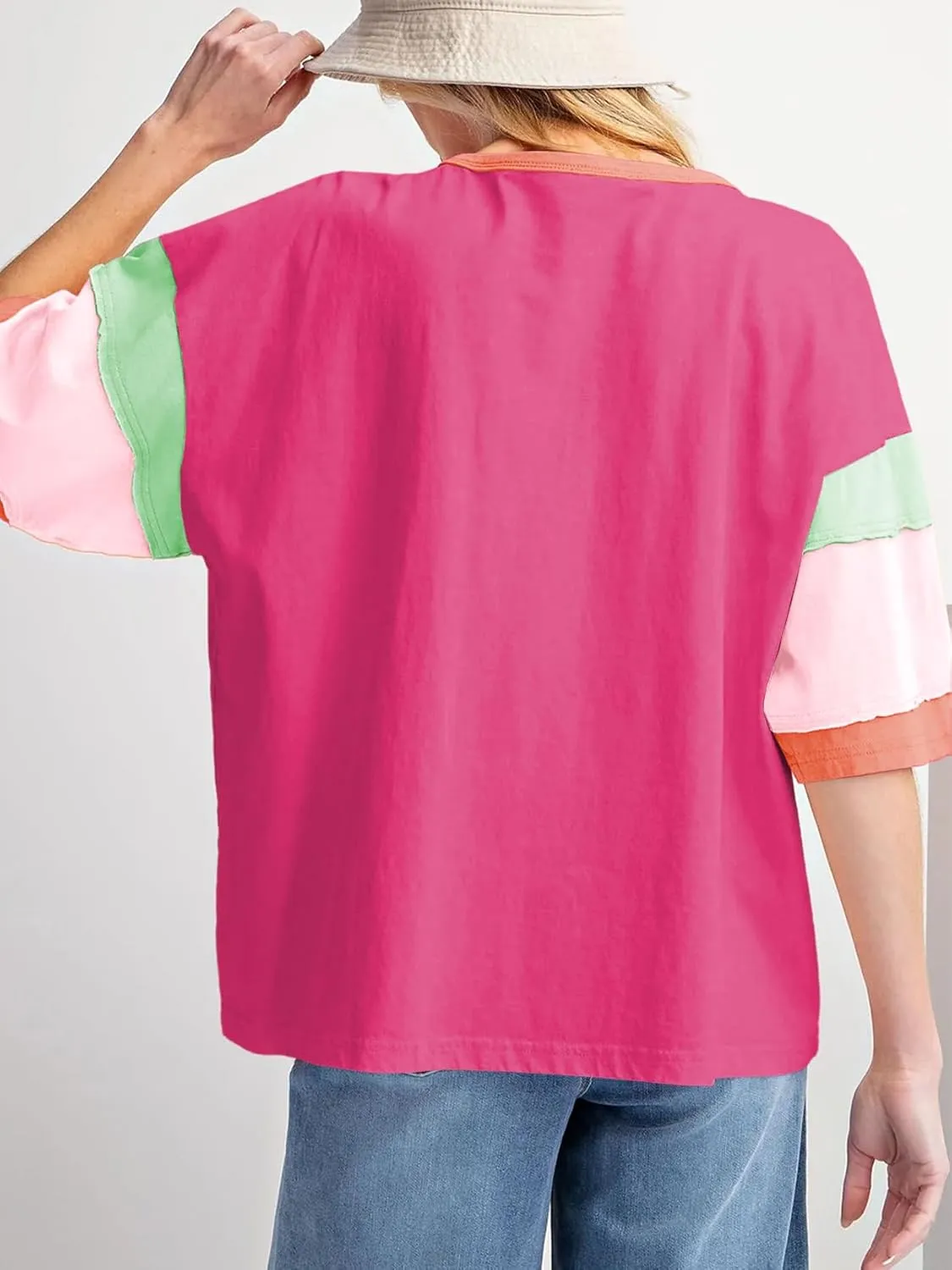 miduo Womens Casual Loose Fit Color Block Stitching Short Sleeve Crew Neck Top T Shirts