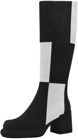 miss left Women Platform Knee High Boots Closed Round Toe Mid Chunky Heel Patchwork Winter Fall Boot Side Zip Dressy Daily Casual Party Walking Shoes Size 4-16 US