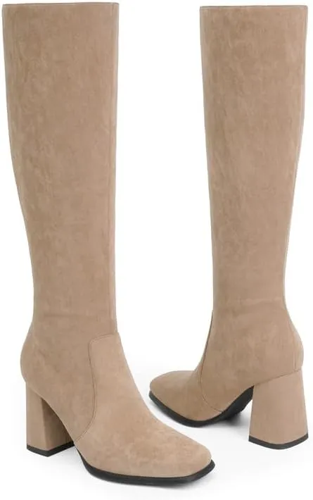 Modatope Knee High Boots Women Chunky Heel Square Toe Tall Boot for Women High Heel Side Zipper Long Boots