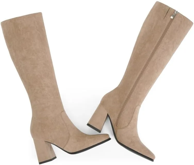 Modatope Knee High Boots Women Chunky Heel Square Toe Tall Boot for Women High Heel Side Zipper Long Boots