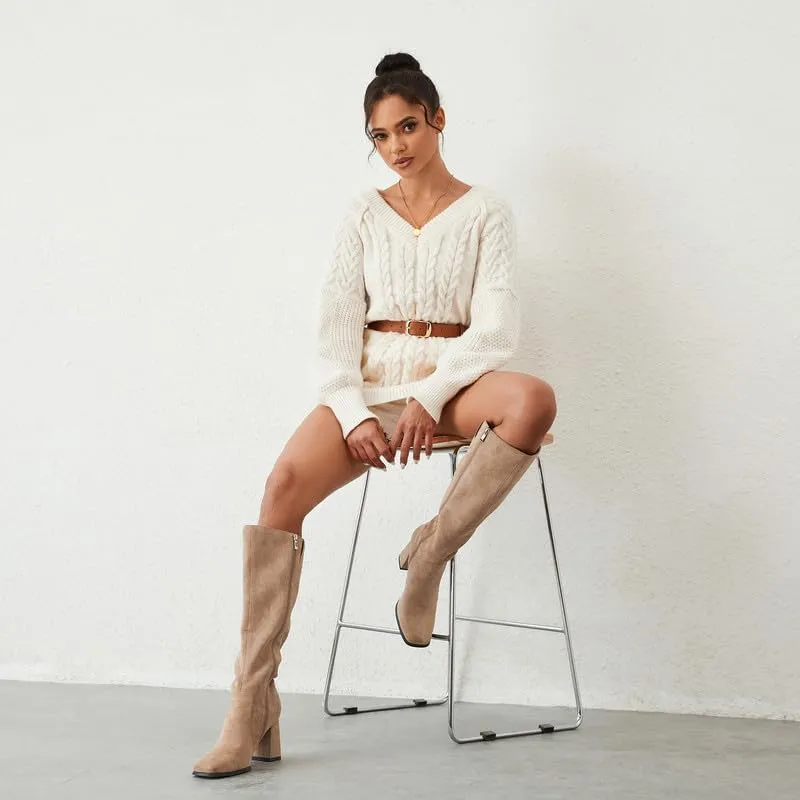 Modatope Knee High Boots Women Chunky Heel Square Toe Tall Boot for Women High Heel Side Zipper Long Boots