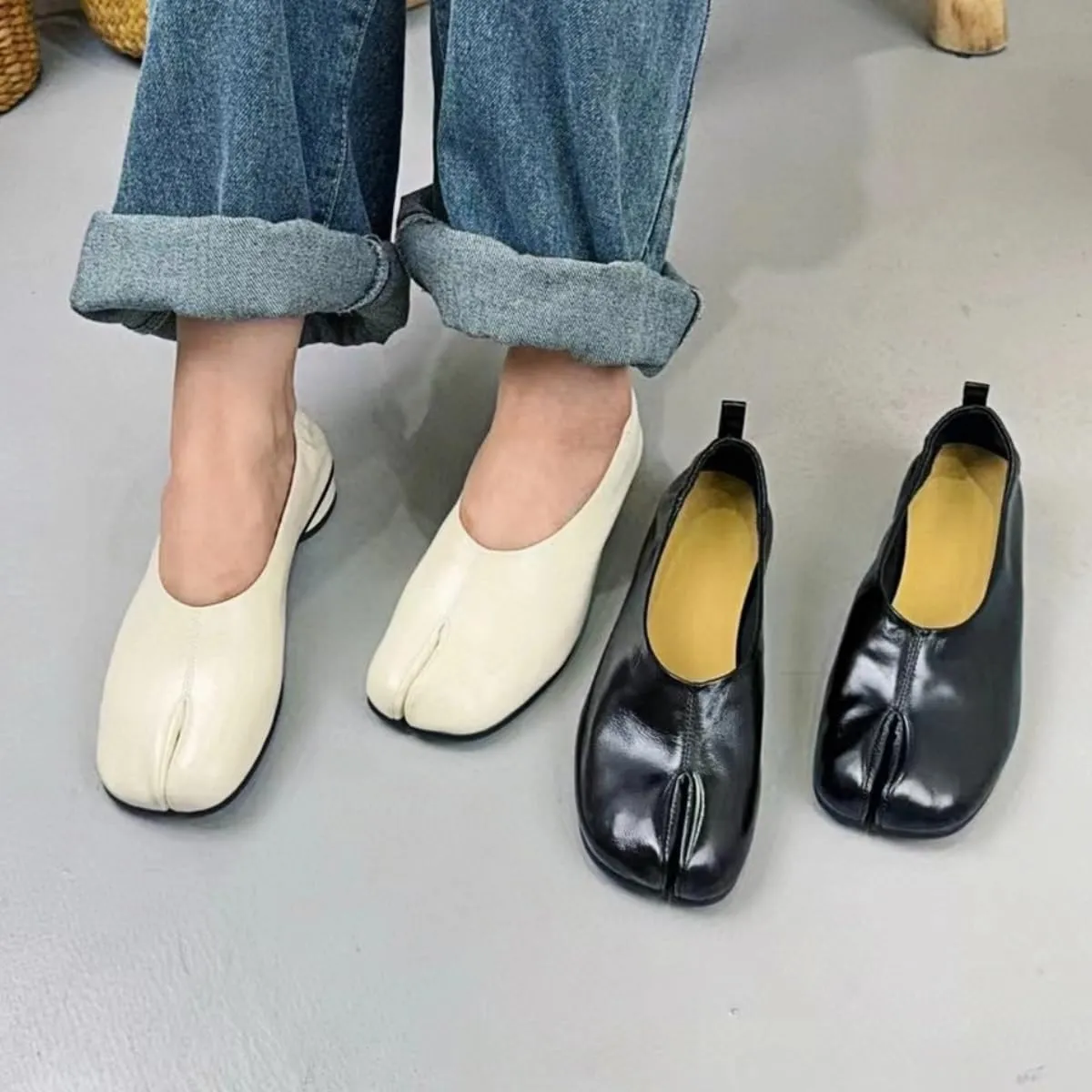 Modern Style Slip-on Tabi Ballet Flats Shoes for Women Genuine Leather Mary Jane Flat Closed Split-Toe Low-Cut Comfort Office Work