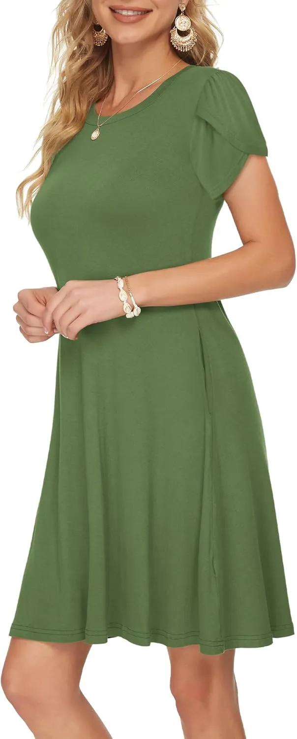 MOLERANI Summer Dresses for Women 2024 Casual T Shirt Crewneck Petal Sleeve Swing Vacation Dress with Pockets