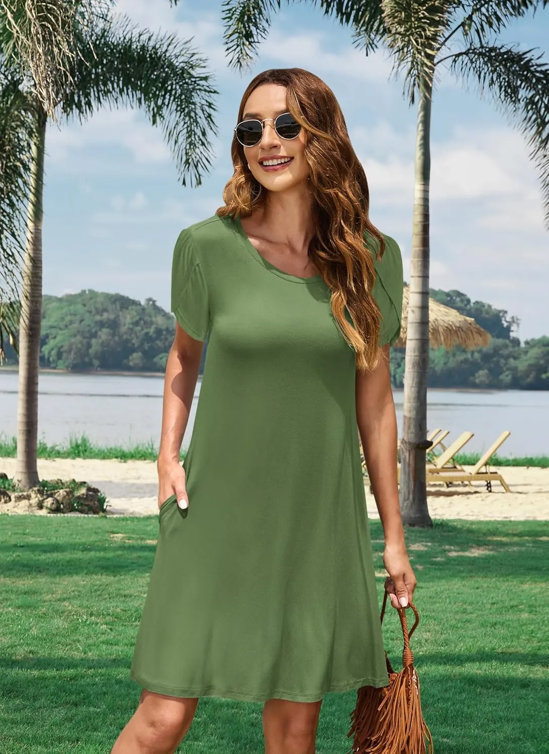 MOLERANI Summer Dresses for Women 2024 Casual T Shirt Crewneck Petal Sleeve Swing Vacation Dress with Pockets