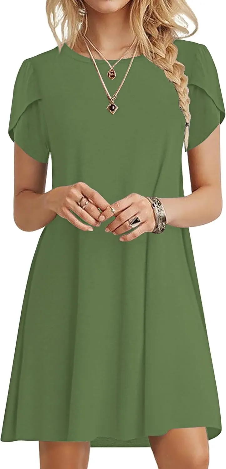 MOLERANI Summer Dresses for Women 2024 Casual T Shirt Crewneck Petal Sleeve Swing Vacation Dress with Pockets