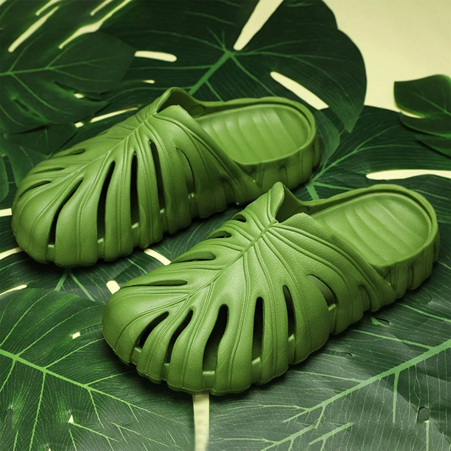 Monstera Slippers, Monstera Leaf Slides, Monstera Pillow Slippers Non-Slip Quick Drying Soft Open Toe Bathroom Sandals Shower Slippers Monstera Slides for Women and Men (US12, Green)