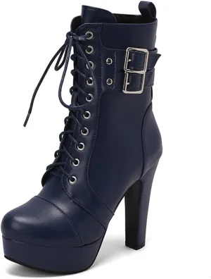 MRKEWUNEY Fashion Womens Chunky High Heels Ankle Boots Lace up Platform Heels Booties