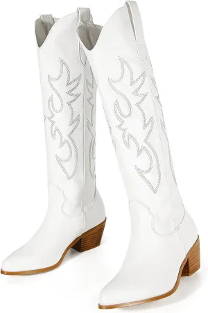 MUCCCUTE Cowboy Boots for Women Cowgirl Boots Wide Calf Pointed Toe Embroidered Fashion Western Chunky Pull On