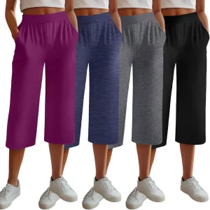 Neer 4 Pack Women's Capri Pants, Lounge Wide Leg Yoga Sweatpants Loose Comfy Cotton Jogger Pants Workout Capris with Pockets
