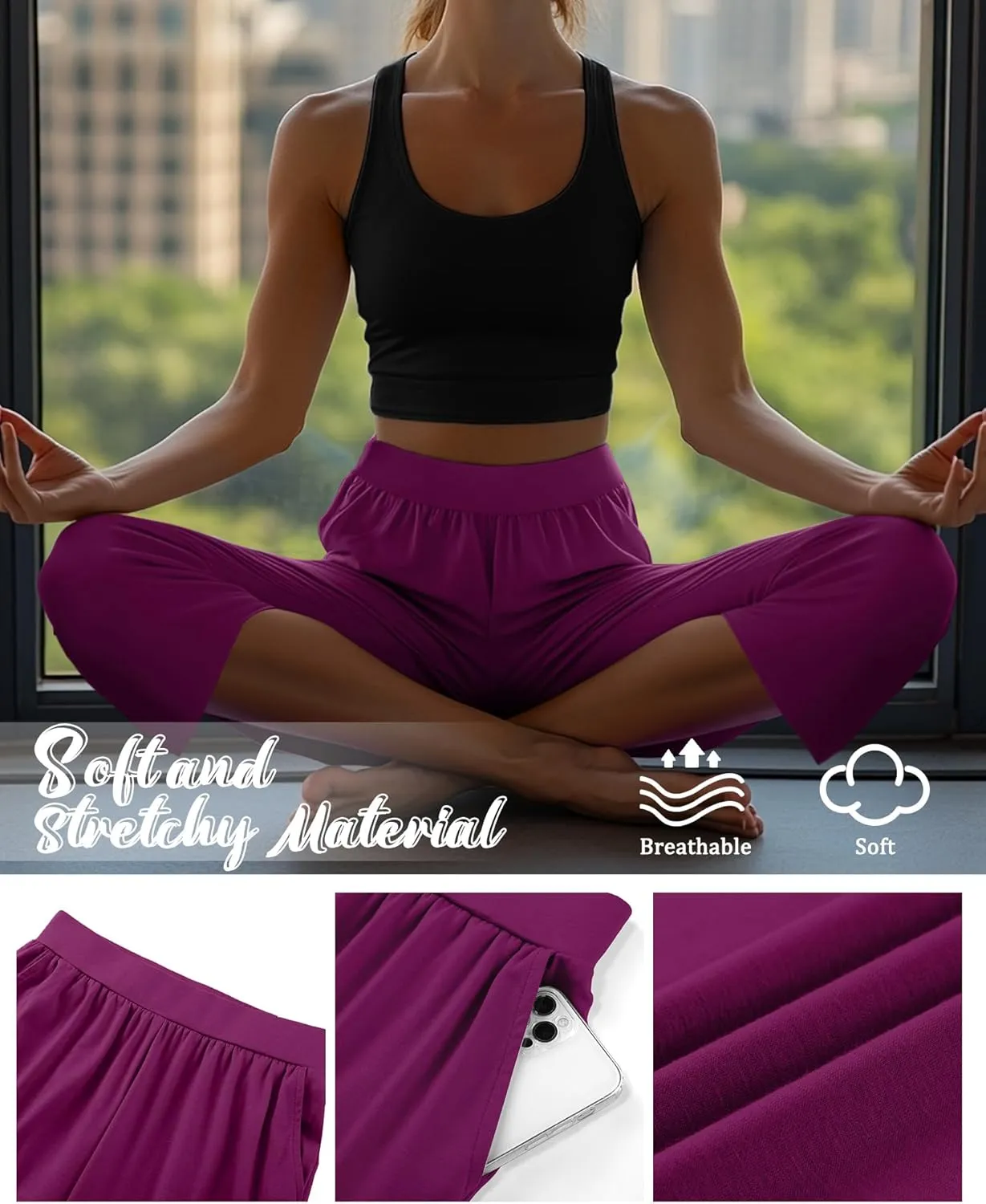 Neer 4 Pack Women's Capri Pants, Lounge Wide Leg Yoga Sweatpants Loose Comfy Cotton Jogger Pants Workout Capris with Pockets