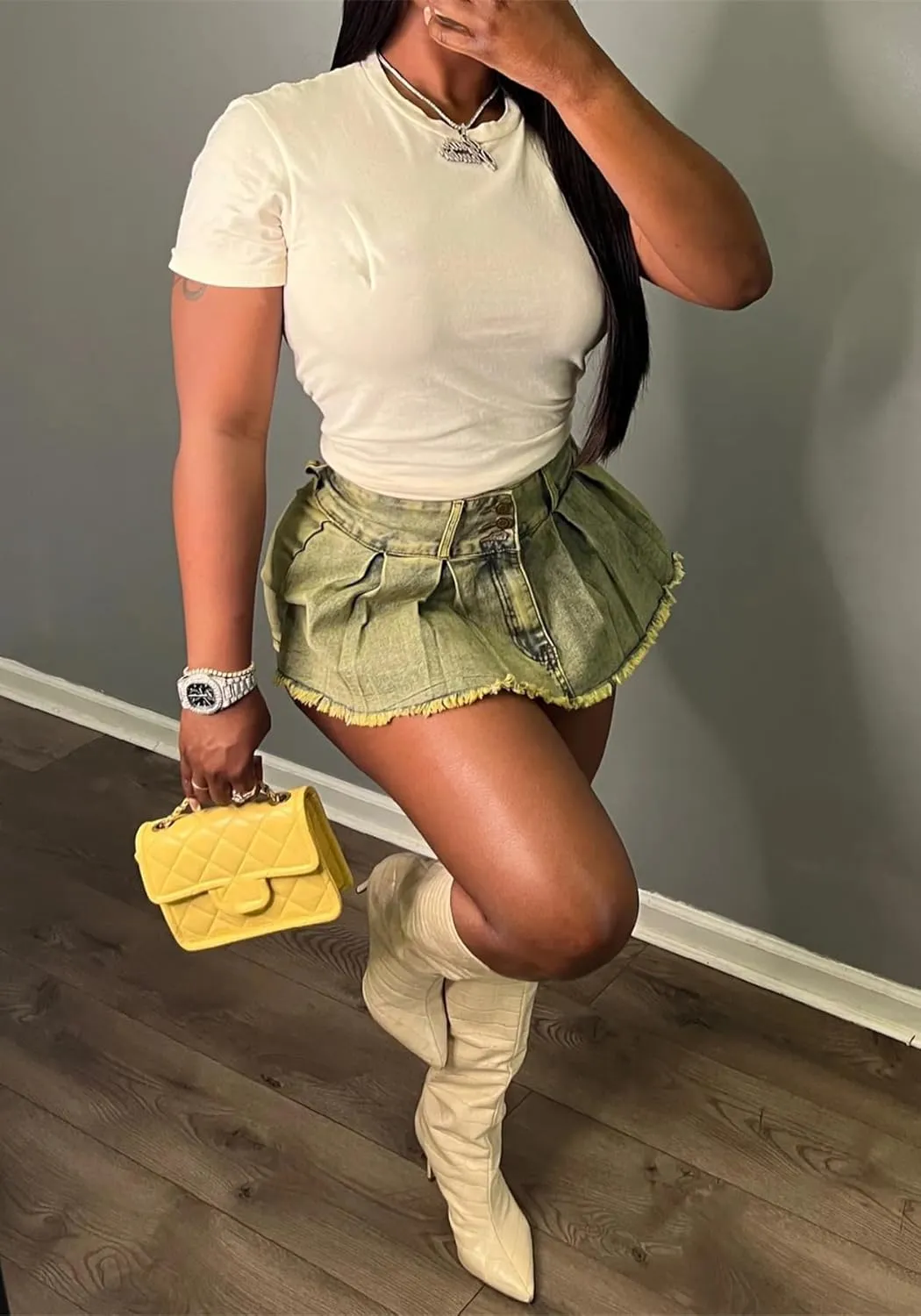 NRTHYE Women Denim Skorts Skirts Casual Pleated High Waisted Mini Skirts Shorts Jeans