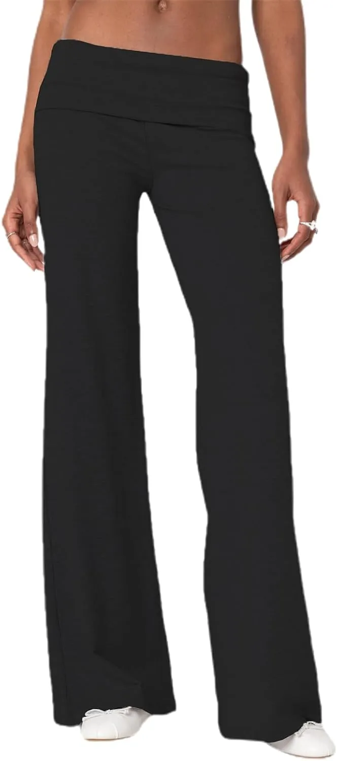 NZNDSHD Fold Over Yoga Pants for Women Low Rise Straight Leg Sweatpants Y2k Solid Color Stretchy Loose Gym Lounge Leggings