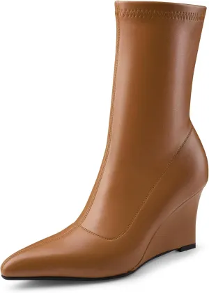 Oh Mispares Women’s Mid Calf Boots Wedge Heel Pointed Toe Side Zipper Comfortable Ankle Short Boots Closed Toe Elegant Party Dress Booties 3 Inches