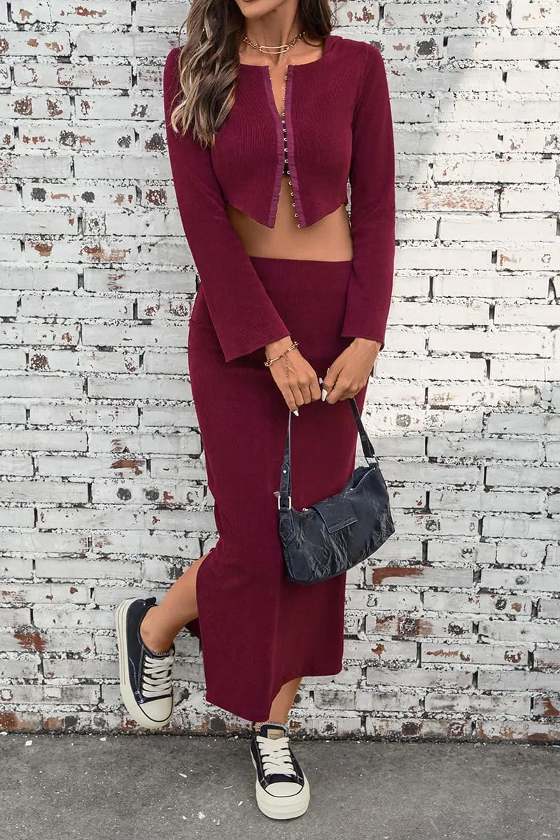 olrain Y2K Women 2 Piece Outfits Long Sleeve Boat Neck Crop Top High Waist Slit Bodycon Skirt Sets Ribbed Knit Spring Fall