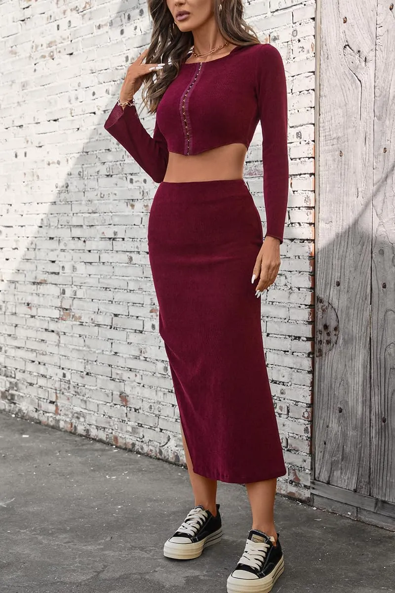olrain Y2K Women 2 Piece Outfits Long Sleeve Boat Neck Crop Top High Waist Slit Bodycon Skirt Sets Ribbed Knit Spring Fall