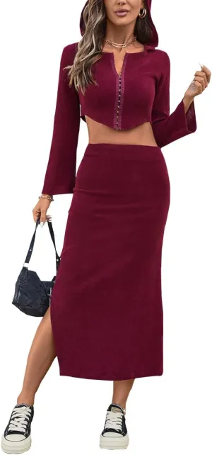 olrain Y2K Women 2 Piece Outfits Long Sleeve Boat Neck Crop Top High Waist Slit Bodycon Skirt Sets Ribbed Knit Spring Fall